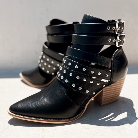 NEW Black Studded Cutout Buckle Strap Pointy Toe Block Heel Ankle Booties Vegan - Picture 5 of 16